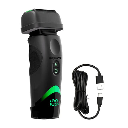A black electric shaver with green LED accents and a matching black USB charging cable, shown on a plain white background.