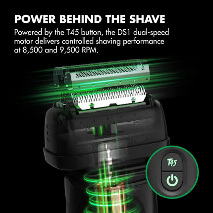 A black electric Babylisspro tomb45 Shaver shown with green graphic light effects and text reading 'POWER BEHIND THE SHAVE,' plus a circular inset showing the T45 button and power symbol.