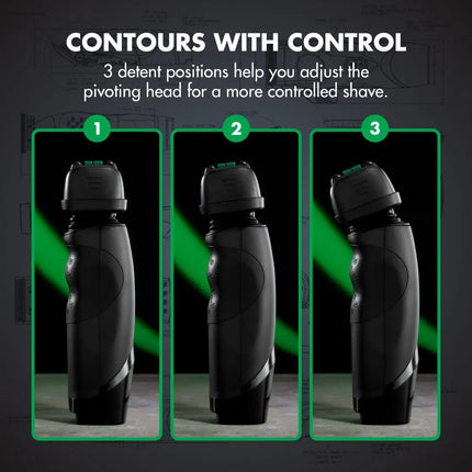 Promotional graphic showing a Babylisspro tomb45 Shaver shaving head in three different pivot positions, labeled 1, 2, and 3, with the headline 'CONTOURS WITH CONTROL' and explanatory text about adjusting the pivoting head.