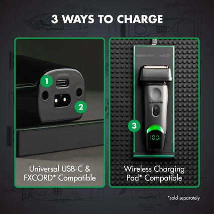 An Babylisspro tomb45 Shaver infographic titled '3 WAYS TO CHARGE' explains charging options for a shaving device. The left panel shows a universal USB-C and FXCORD compatible port, labeled 1 and 2.