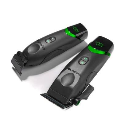 BaBylissPRO x Tomb45 Wireless Charging Clipper & Trimmer Set Two black hair trimmers with digital displays on a white background
