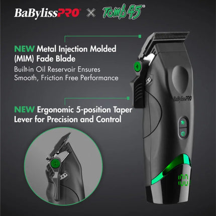 BaBylissPRO hair trimmer with Tomb45 branding on a dark background