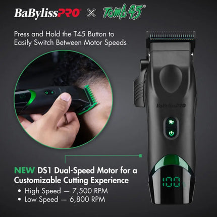 BaBylissPRO hair trimmer with Tomb45 branding on a dark background