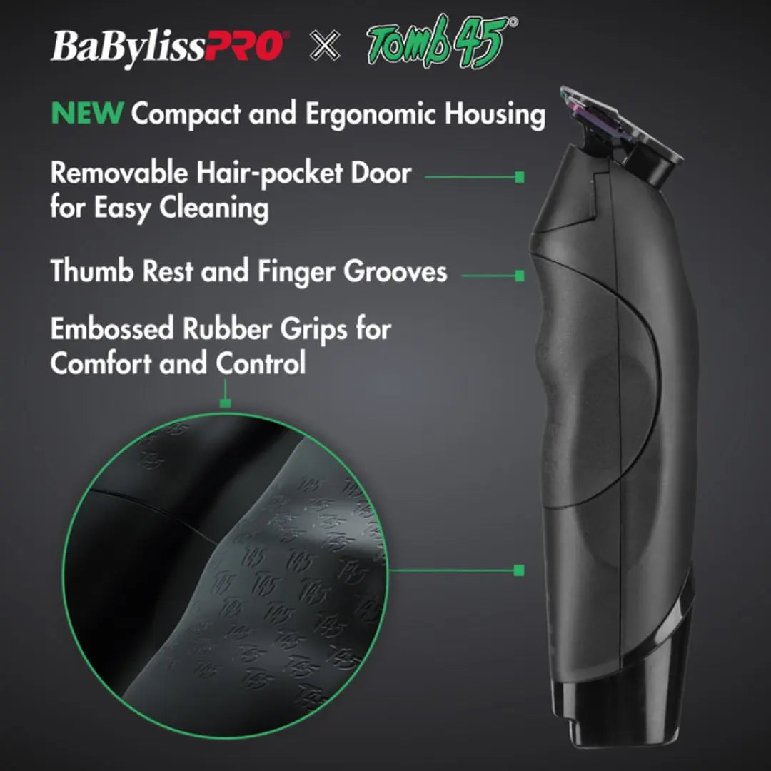 BaBylissPRO hair trimmer with features highlighted on a dark background