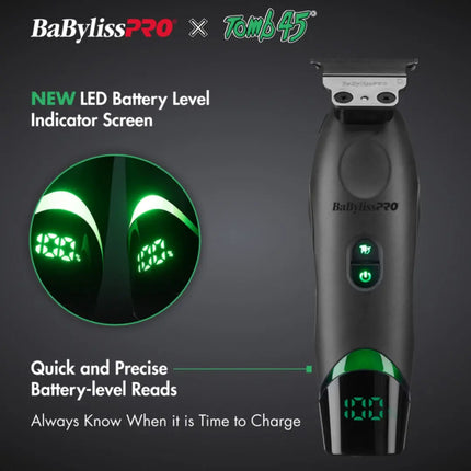 BaBylissPRO grooming tool with LED battery level indicator on a dark background