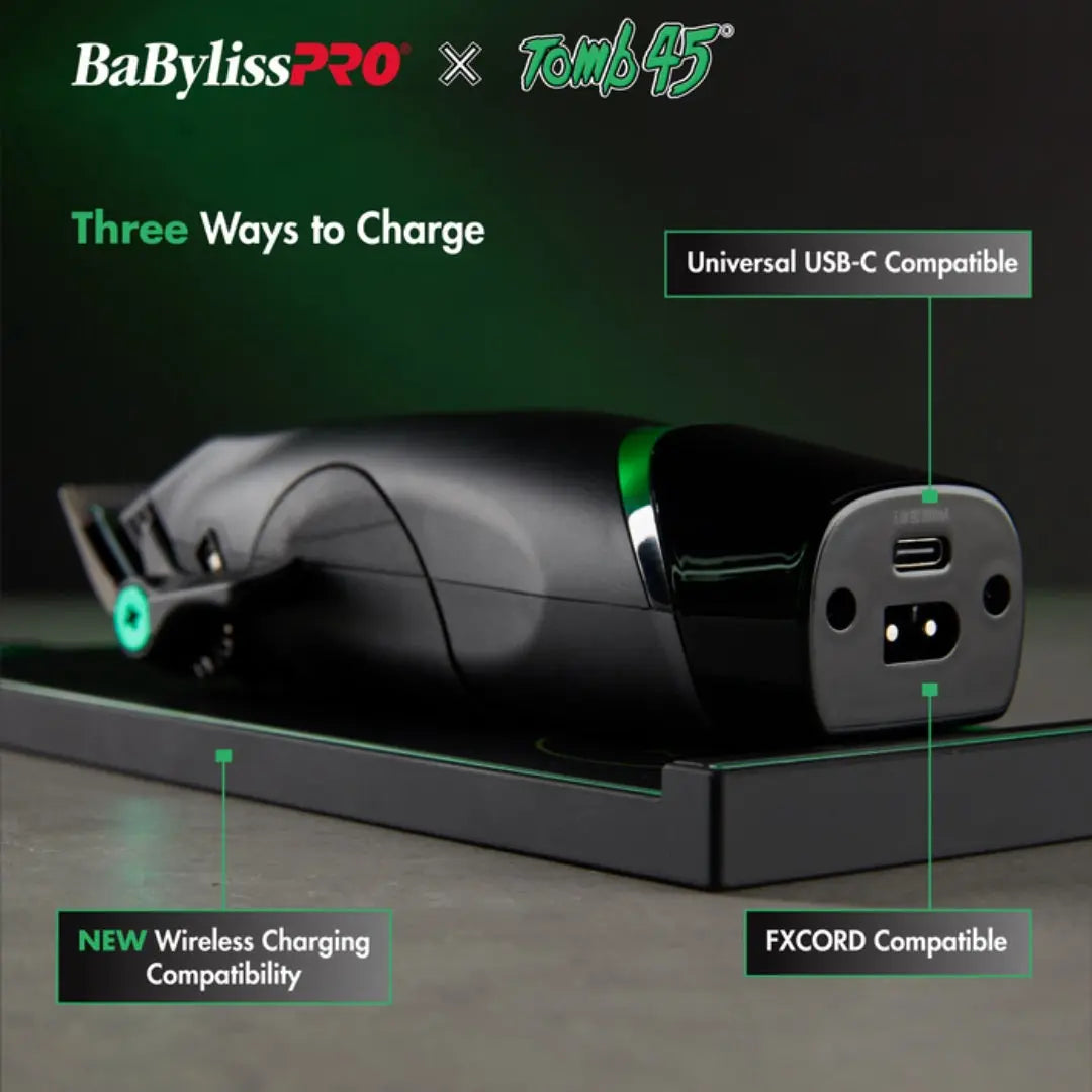 BaBylissPRO x Tomb45 grooming tool with charging compatibility features on a dark background