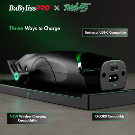 BaBylissPRO x Tomb45 grooming tool with charging compatibility features on a dark background