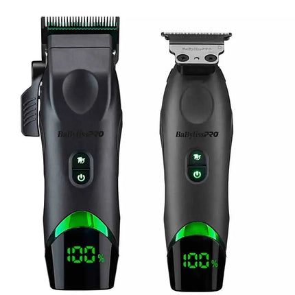BaBylissPRO x Tomb45 Wireless Charging Clipper & Trimmer Set Two black hair trimmers with digital displays on a white background