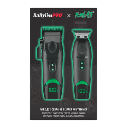 Packaging of BaBylissPRO wireless-charging clipper and trimmer with Tom45 branding.