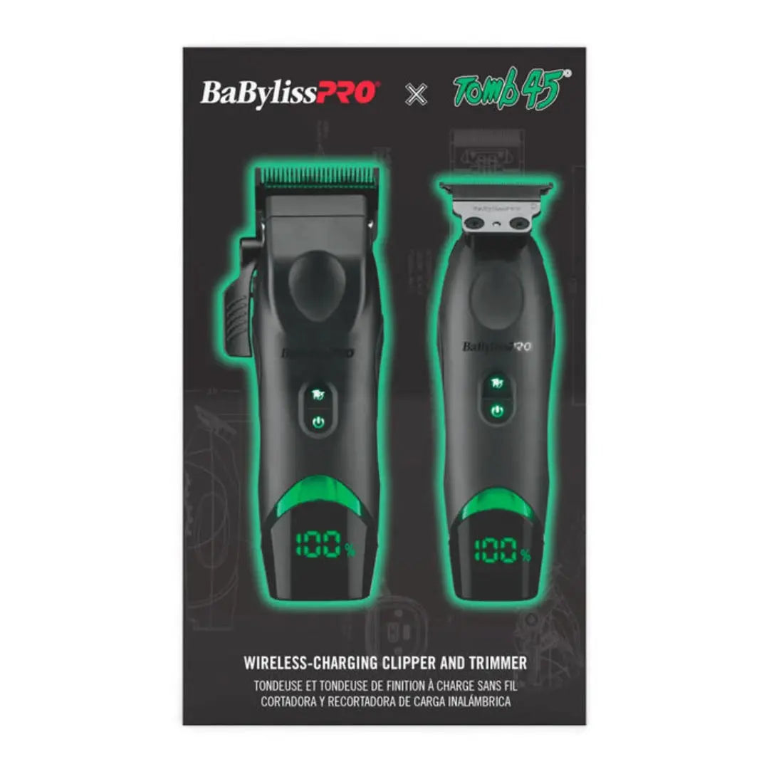 Packaging of BaBylissPRO wireless-charging clipper and trimmer with Tom45 branding.