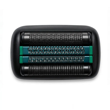A close-up of an BP SHAVER TOMB45 REP FOIL   BLACK showing three rows of black metallic shaving blades with teal accents on the center bars, set against a plain white background.