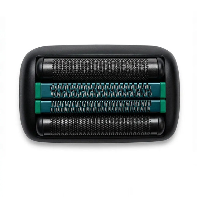 A close-up of an BP SHAVER TOMB45 REP FOIL   BLACK showing three rows of black metallic shaving blades with teal accents on the center bars, set against a plain white background.