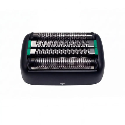 A close-up of an BP SHAVER TOMB45 REP FOIL   BLACK showing three rows of metallic cutting and shaving blades with small green accent pieces, set against a plain white background.
