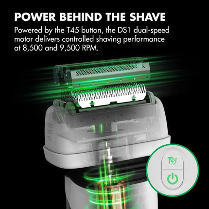 A close-up of a white babyliss electric shaver with green glowing graphic effects showing internal motor and blade motion. White text at the top reads 'POWER BEHIND THE SHAVE' and describes T45 button power and RPM performance.