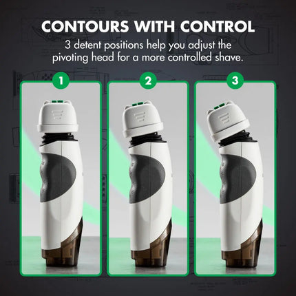 An informational graphic showing a white and dark gray babyliss electric shaving head in three different pivot positions, labeled 1, 2, and 3 under the heading 'CONTOURS WITH CONTROL'.