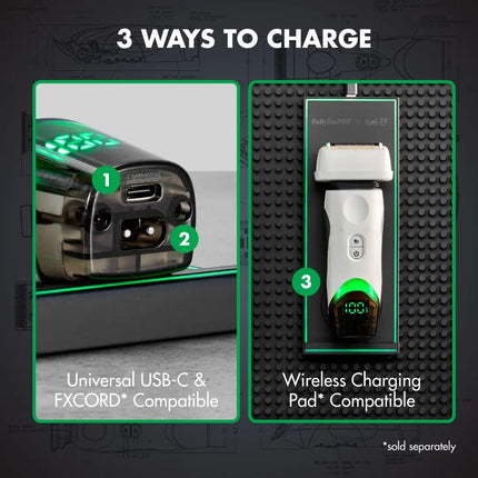 Promotional graphic showing a white and silver babyliss shaver with a glowing green LED base, displayed alongside a black textured wireless charging pad. The graphic includes numbered callouts (1, 2, 3) explaining USB-C and wireless charging compatibility under the heading '3 WAYS TO CHARGE'.