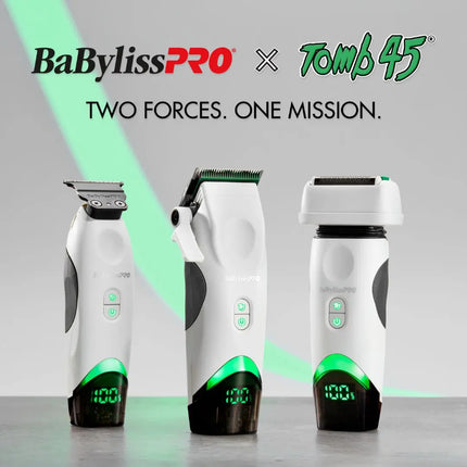 Three BaBylissPRO grooming devices displayed side by side on a gray surface with a light gray background and green graphic accents. The BaBylissPRO and Tomb 45 logos are visible at the top, along with the text 'TWO FORCES.