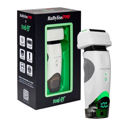 A Babyliss Pro x Tomb45 electric beard shaver shown next to its black retail box with green accents on a white background.