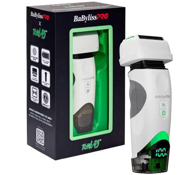 A Babyliss Pro x Tomb45 electric beard shaver shown next to its black retail box with green accents on a white background.
