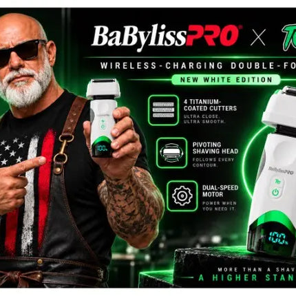 Promotional graphic for the BaBylissPRO x Tomb 45 Wireless-Charging Double-Foil Shaver in White Edition, featuring a tattooed man with a white beard holding the shaver and a product display on the right.