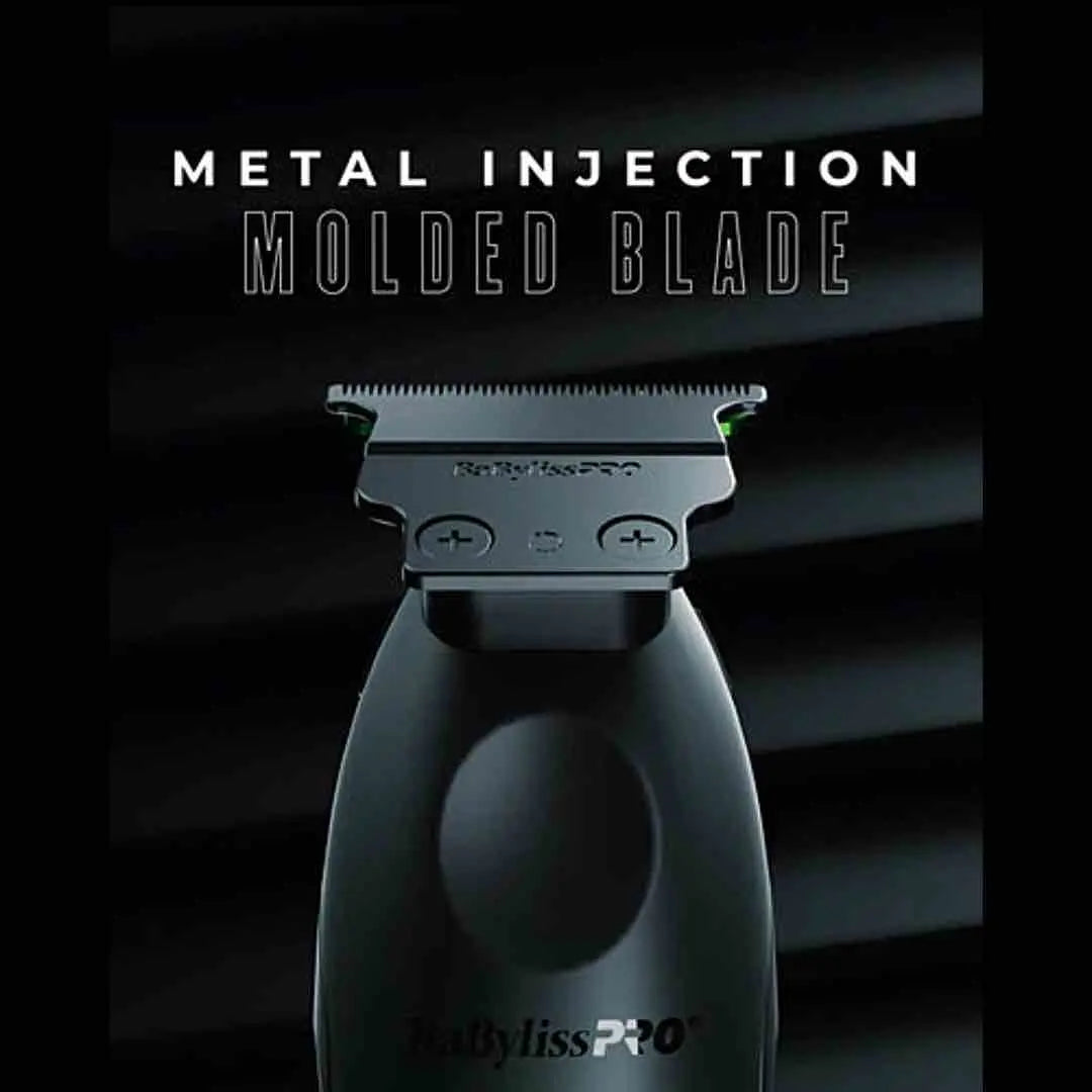 "Close-up of the zero-gap adjustable, deep-tooth Metal Injection Molded blade on the BaBylissPRO x Tomb45 Trimmer"
