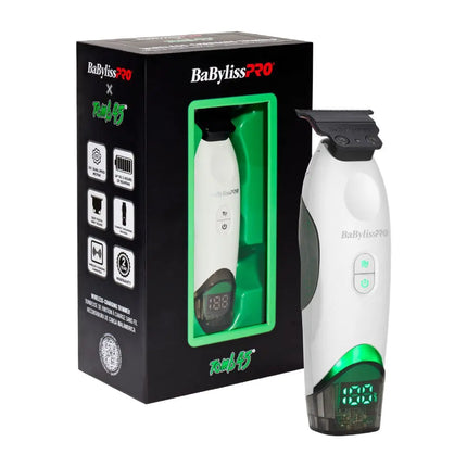 BaBylissPRO Tomb45 trimmer, featuring a white and green handheld electric clipper with a digital display next to its black retail packaging box.