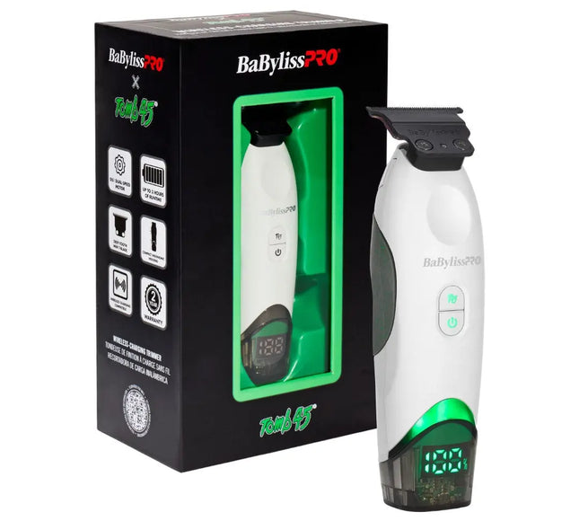 BaBylissPRO Tomb45 trimmer, featuring a white and green handheld electric clipper with a digital display next to its black retail packaging box.