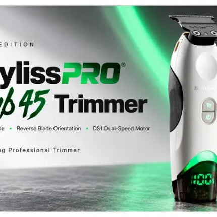 BaBylissPRO x Tomb 45 Trimmer shown as a white and black cordless professional trimmer with green digital display and glowing green light accents, set against a dark background with promotional text.