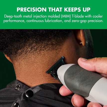 Close-up of a person getting a neck shave with an electric Tomb45 trimmer, with a green text banner at the top reading 'PRECISION THAT KEEPS UP' and describing the clippers as deep-tooth metal injection molded.