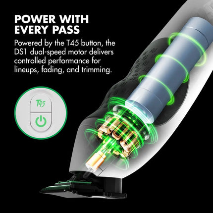 Promotional product graphic showing a BaBylissPRO Tomb45 White Wireless-Charging Trimmer – FXT45TTW , with glowing green circular effect rings around the motor area and text describing T45 button power. A circular inset shows the T45 button icon and power symbol.