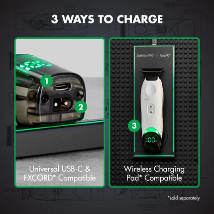 Promotional graphic showing three ways to charge a BaBylissPRO Tomb45 White Wireless-Charging Trimmer – FXT45TTW, with labeled steps 1, 2, and 3 on a dark gray background. Step 1 shows a USB-C connection on a transparent hair trimmer.