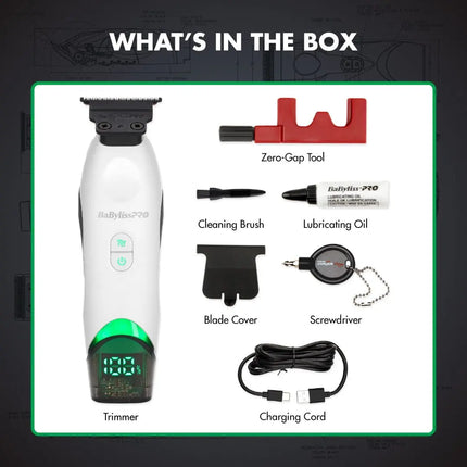 A boxed product contents graphic showing a BabylissPRO trimmer and several included accessories with labels: Zero-Gap Tool, Cleaning Brush, Lubricating Oil, Blade Cover, Screwdriver, and Charging Cord. The main subject is the trimmer, with surrounding accessories arranged on a white panel over a dark gray background.