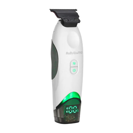 BaBylissPRO Tomb45 electric hair trimmer in white and dark green with a black clipper head and a green digital display on a white background.