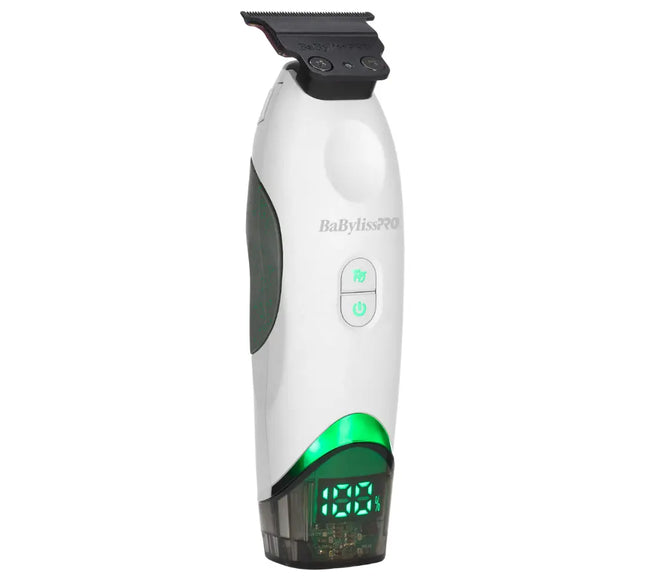BaBylissPRO Tomb45 electric hair trimmer in white and dark green with a black clipper head and a green digital display on a white background.