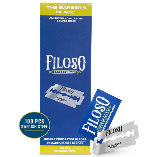 Packaging of Filoso razor blades with branding and product details on a white background