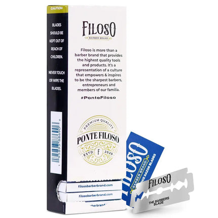 Filoso barber brand packaging with blades on a white background