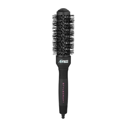 A black round hairbrush with black bristles, featuring the 'Mizz' brand logo in white on the neck and pink vertical text reading 'STYLEREAFT' on the handle, set against a plain white background.
