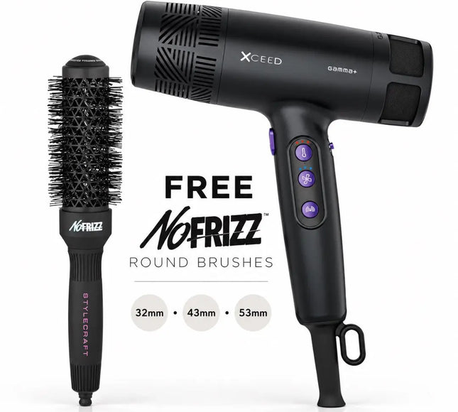 Black Xceed No Frizz Round Brush bundle featuring a 3-in-1 hair dryer and three round brushes of varying sizes (32mm, 43mm, 53mm) on a white background with promotional text.