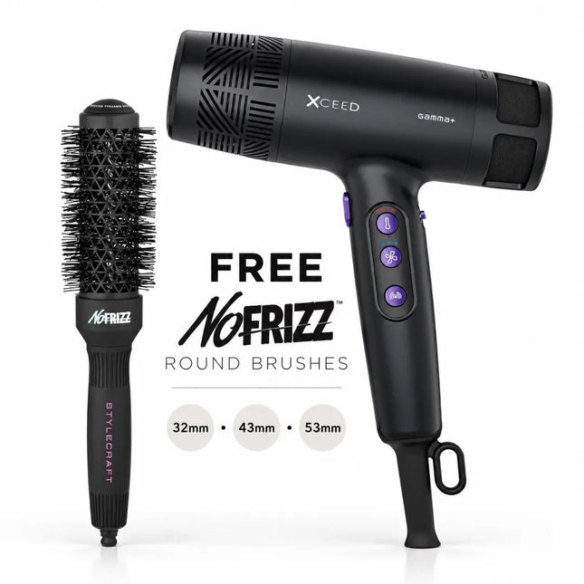Black Xceed No Frizz Round Brush bundle featuring a 3-in-1 hair dryer and three round brushes of varying sizes (32mm, 43mm, 53mm) on a white background with promotional text.