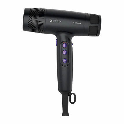 A black Xceed G10000 hair dryer with purple buttons, shown from a three-quarter angle on a solid white background.