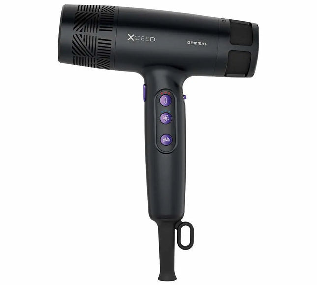 A black Xceed G10000 hair dryer with purple buttons, shown from a three-quarter angle on a solid white background.