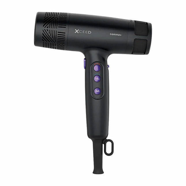 A black Xceed G10000 hair dryer with purple buttons, shown from a three-quarter angle on a solid white background.