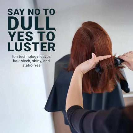 Person styling a person's hair with text about ion technology and hair care.