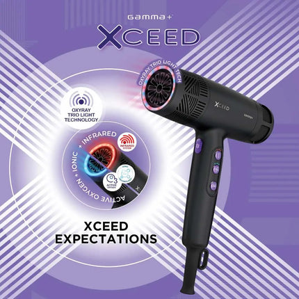 A black Xceed hair dryer with purple accents, shown against a purple and white graphic background with product feature callouts and the Xceed branding.