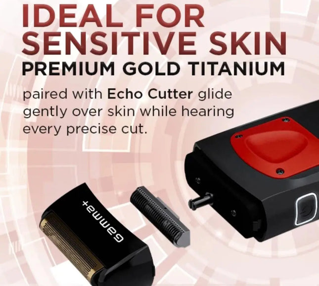 A promotional product graphic for a grooming device with text reading 'IDEAL FOR SENSITIVE SKIN' and 'PREMIUM GOLD TITANIUM,' plus a description about using an Echo Cutter glide. The image shows a black and red device plus two detachable heads on a pale pink graphic background.