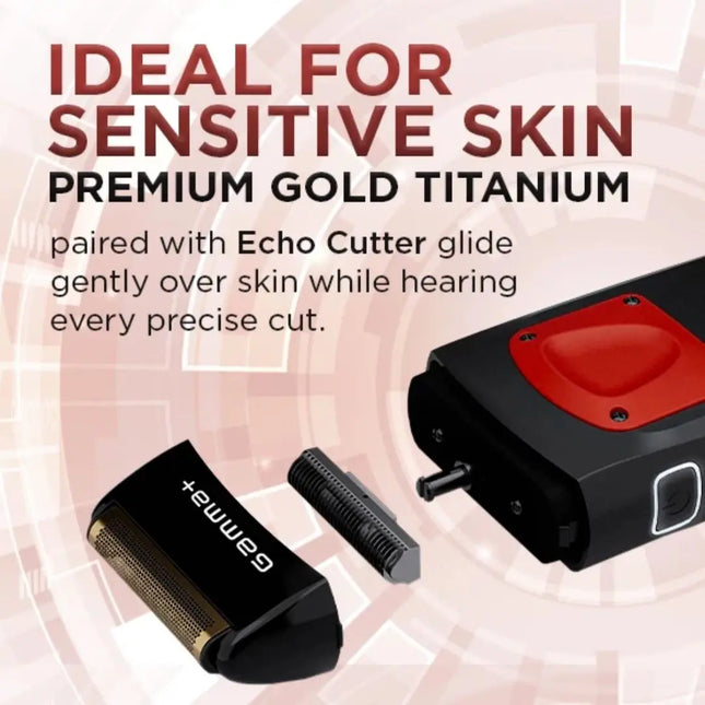 A promotional product graphic for a grooming device with text reading 'IDEAL FOR SENSITIVE SKIN' and 'PREMIUM GOLD TITANIUM,' plus a description about using an Echo Cutter glide. The image shows a black and red device plus two detachable heads on a pale pink graphic background.