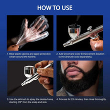 Instructions on how to use a hair color enhancement solution with an airbrush, including steps and close-up shots.