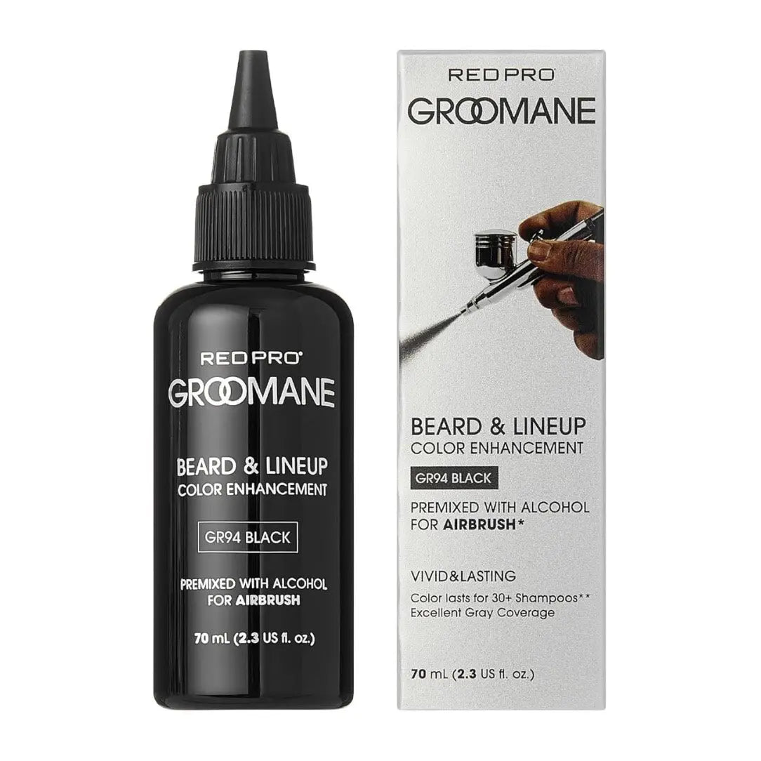 Groomane beard and lineup color enhancement bottle and packaging on a white background