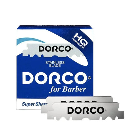 DORCO Super Sharpening Razor Blades shown with their blue and white retail packaging box on a plain white background.