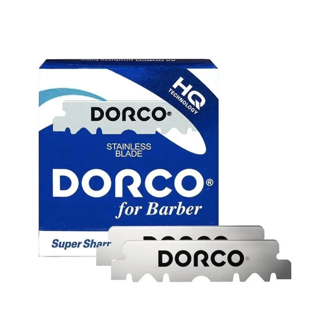 DORCO Super Sharpening Razor Blades shown with their blue and white retail packaging box on a plain white background.
